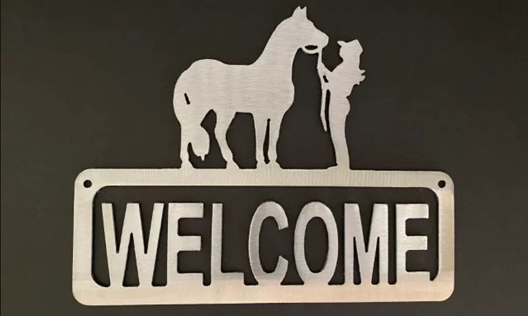 Cowgirl w/ horse welcome sign western hand crafted metal decor MS-1006