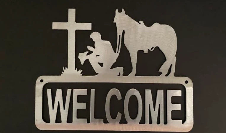Praying cowboy cross welcome sign western hand crafted metal decor MS-1008