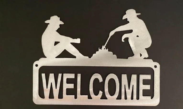 Campfire cowboys welcome sign western hand crafted metal decor MS-1009