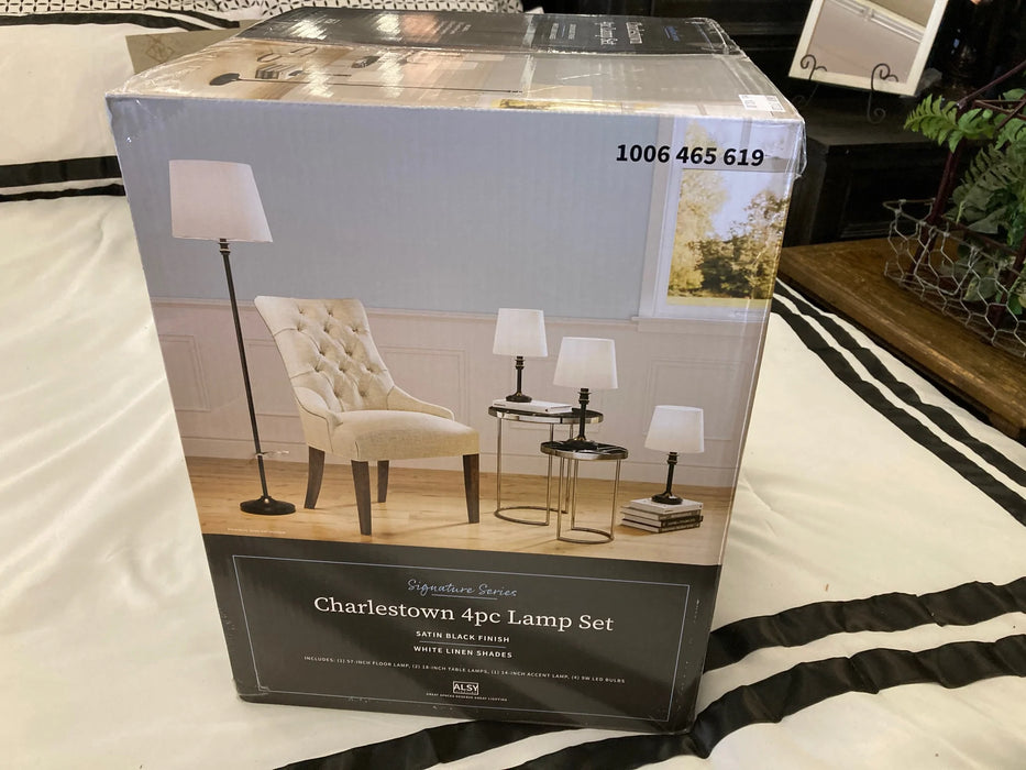 Charlestown Signature Series black floor lamp w/ 3 table lamps w/ white shades 4pc set NEW 27618
