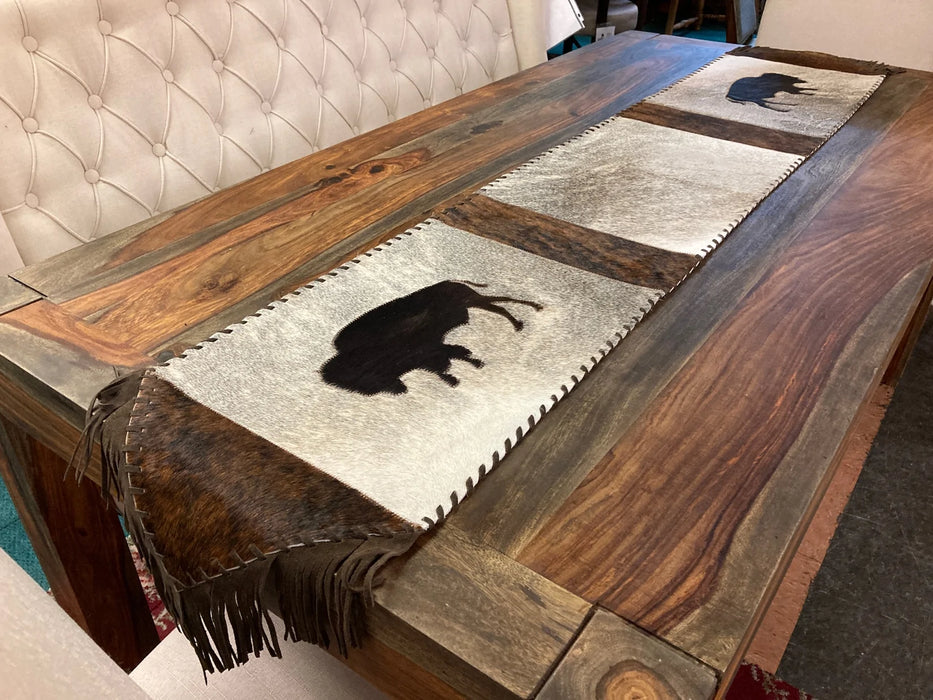 Cowhide and leather large table runner with fringe GL-20018