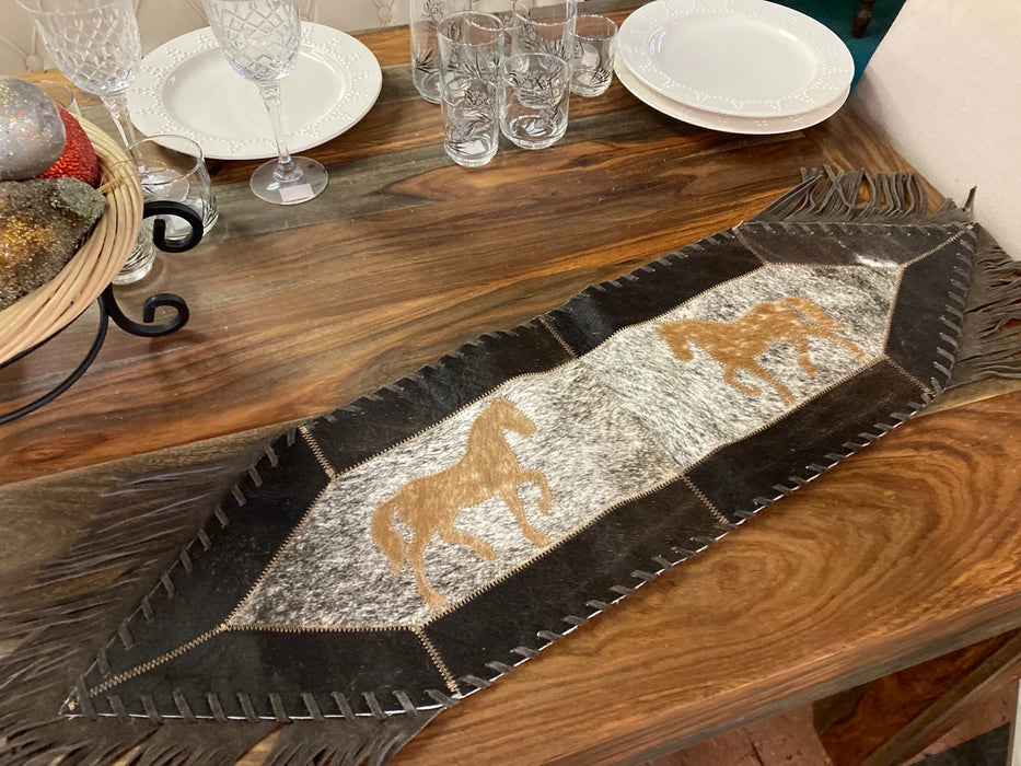 Cowhide and leather small table runner with fringe GL 20017