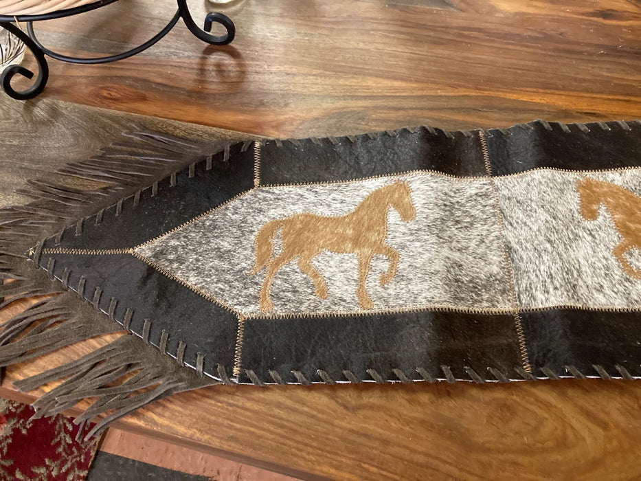 Cowhide and leather small table runner with fringe GL-20017