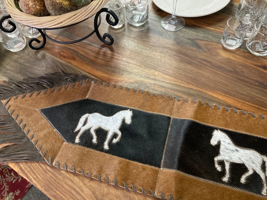 Cowhide and leather small table runner with fringe GL-20017