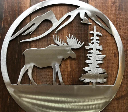 Moose w/ mountains & trees metal sign western hand crafted decor MS-1085