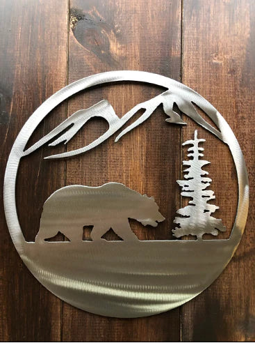 Bear w/ mountains & trees metal sign western hand crafted decor MS-1084