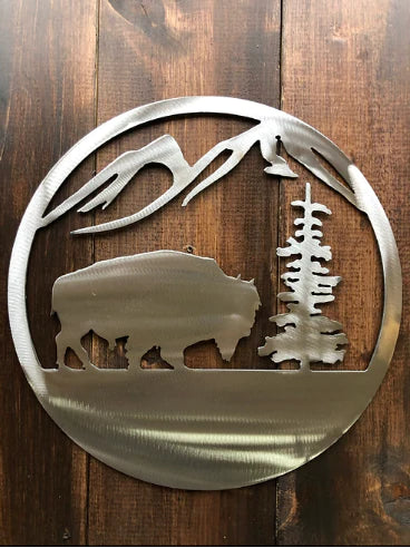 Buffalo w/ mountains & trees metal sign western hand crafted decor MS-1082