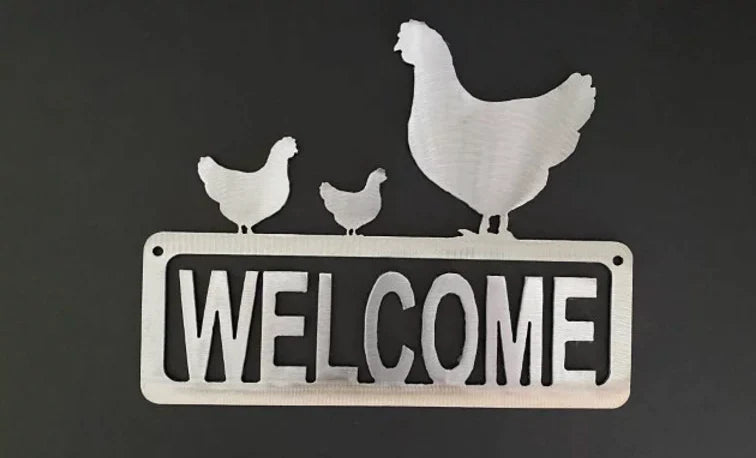 Hen & chicks welcome metal sign farmhouse hand crafted decor MS-1071