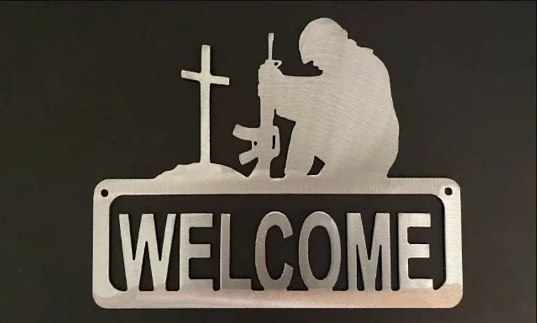Military soldier prayer cross metal sign hand crafted decor MS-1041