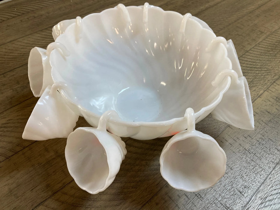 Milk glass punch bowl with 10 hanging milk glass cups 28064