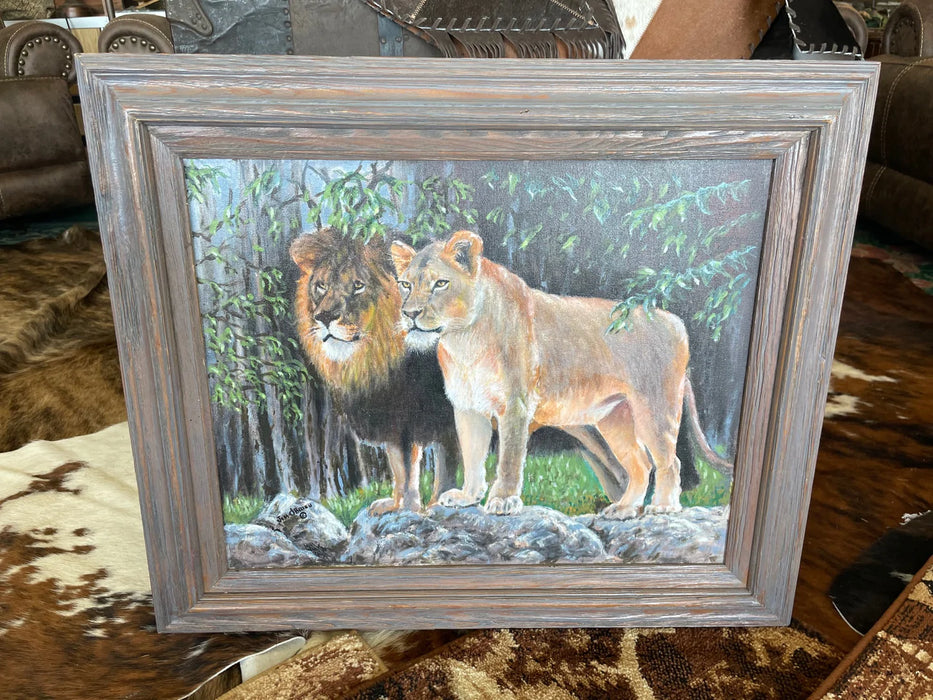 Mom & Pop framed lion and lioness acrylic painting signed by local artist Jim O'brien 28225