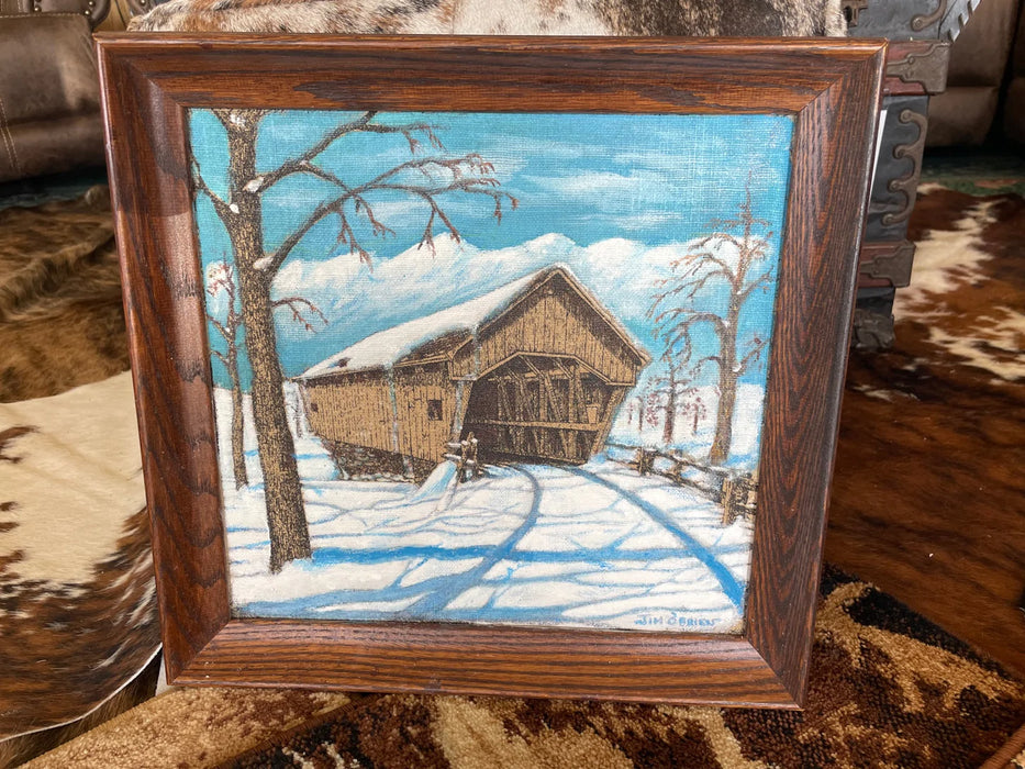 Old Honey Run covered bridge framed acrylic painting signed by local artist Jim O'brien 28227