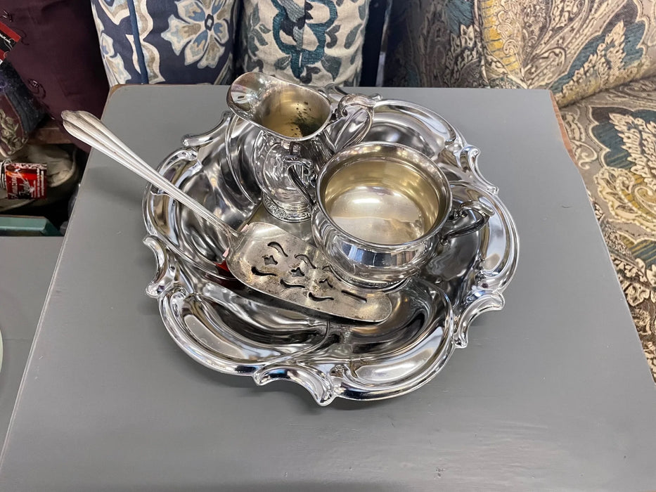 Silver plated serving tray with creamer, sugar bowl, pie server 28348