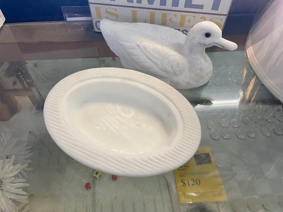 Milk glass duck serving dish platter and duck top 28362