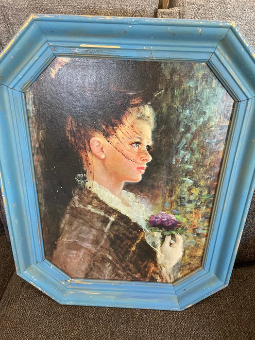 Young woman with flowers blue framed picture 28384