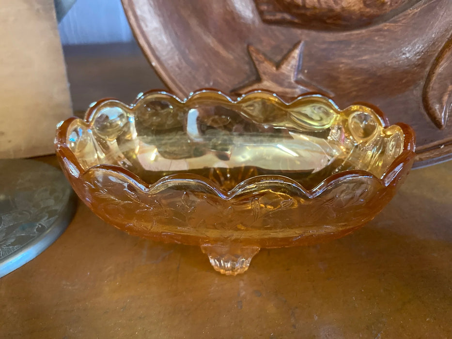 Vintage embossed marigold oval footed bowl dish 28597