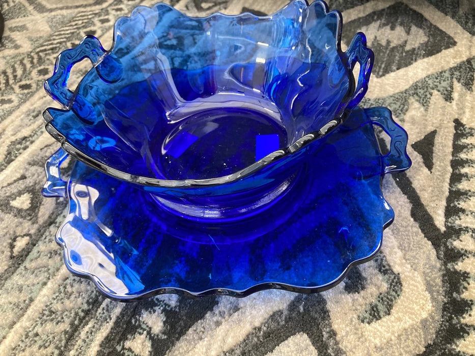 Depression glass cobalt blue bowl and cake plate 2pc set 28608