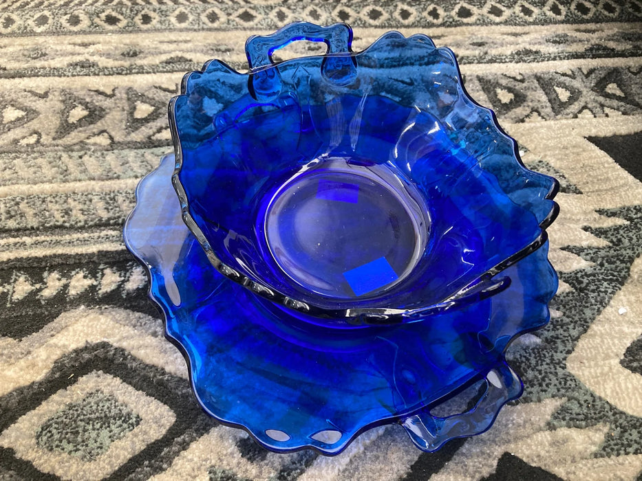 Depression glass cobalt blue bowl and cake plate 2pc set 28608