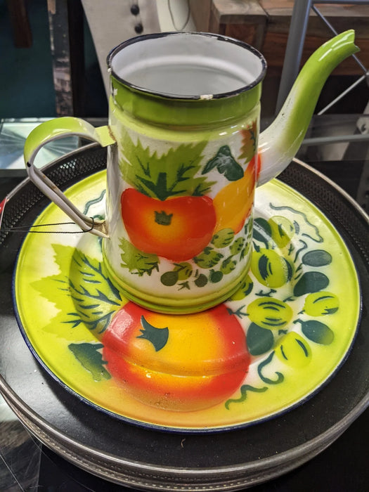 Vintage enamelware pitcher with serving dish 28159