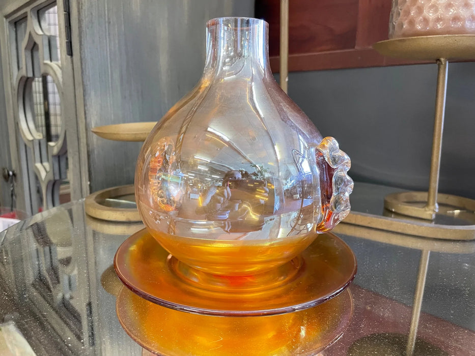 Amber glass vase with plate 28960