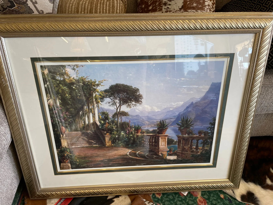Framed matted print ancient palace w/ view of mountain and lake 29058
