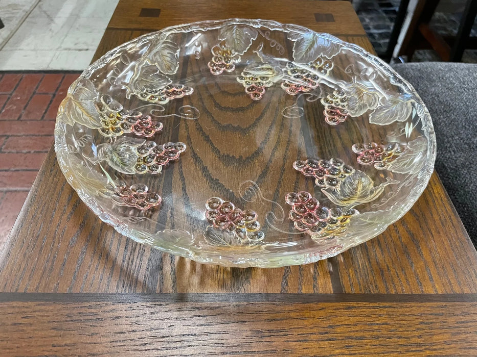 Grape crystal serving tray clear w/ pink, green accents 29176