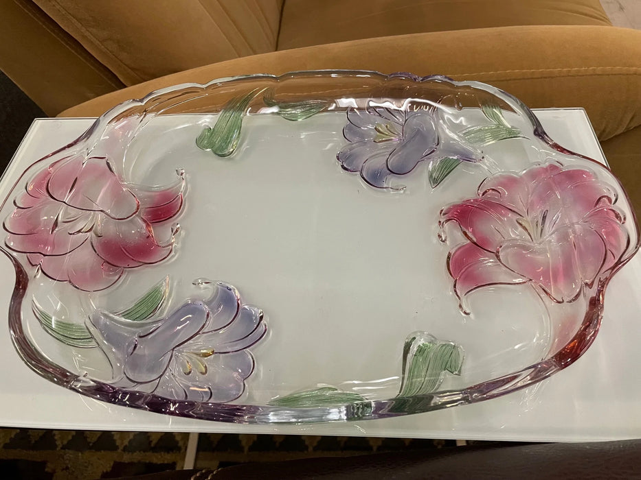 Star gazer hand painted crystal serving dish w/ pink, green accents 29177