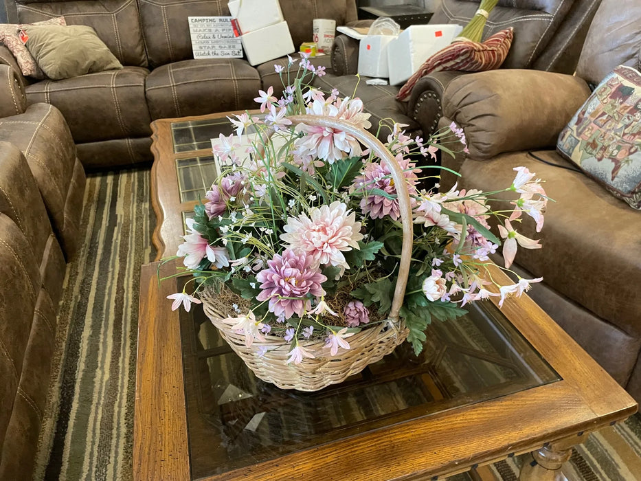 Pink/purple floral arrangement with wicker basket 29240