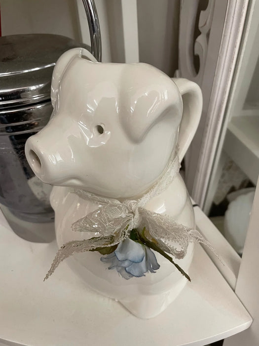 Ceramic white pig pitcher with lace bow 29655