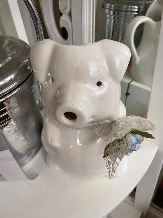 Ceramic white pig pitcher with lace bow 29655