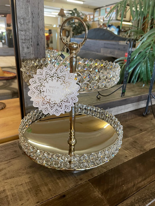 Two tier bedazzle mirrored serving display tray 29711