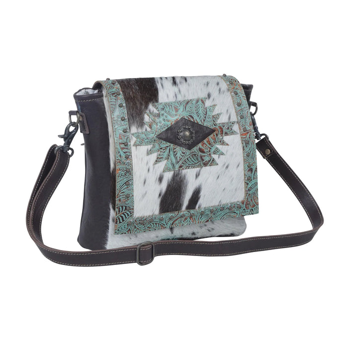 Teal Flowers Concealed Carry Cowhide & Leather Messenger Shoulder Purse Hand Crafted Myra Bag NEW MY-S-3979