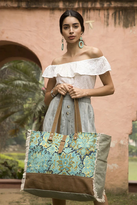 Aqua Magic Canvas, Leather & Rug Weekender Bag Hand Crafted Myra Bag NEW MY-S-2039