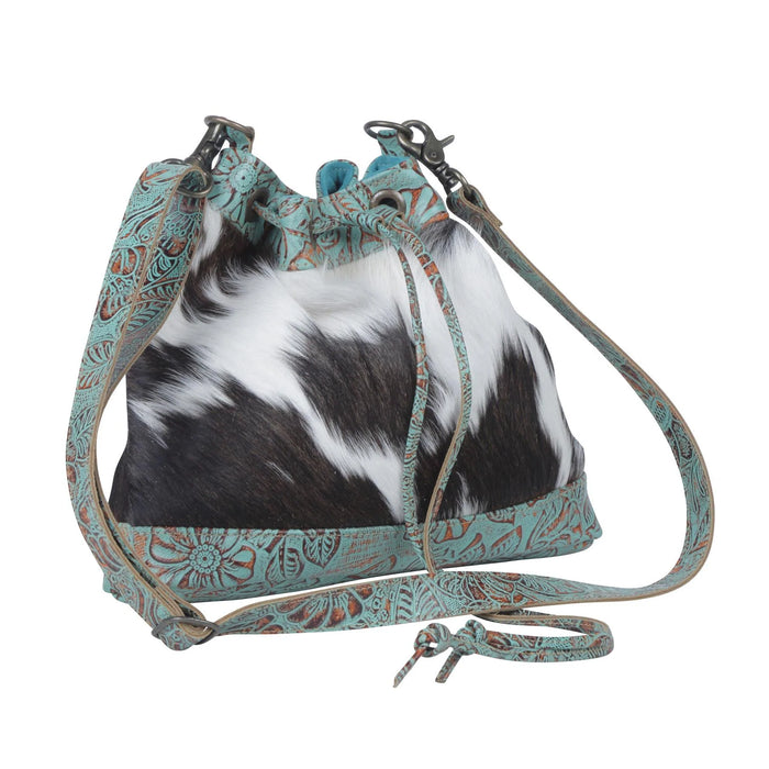 Teal Vines Bucket Cowhide & Leather Shoulder Purse Hand Crafted Myra Bag NEW MY-S-3965