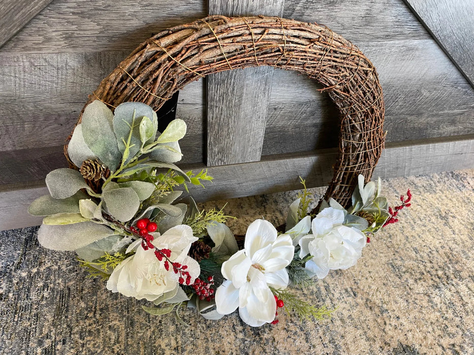 White floral w/ greenery brown twig decorative wreath 29721