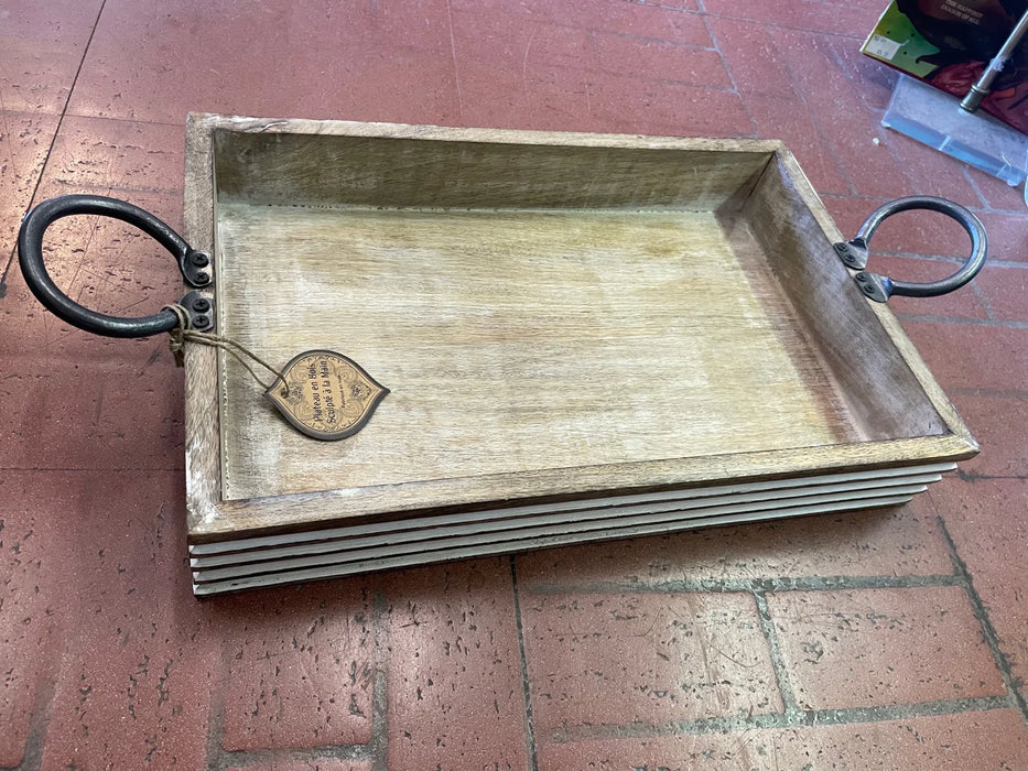Handcarved rustic wood serving/display tray w/ metal handles medium 29763