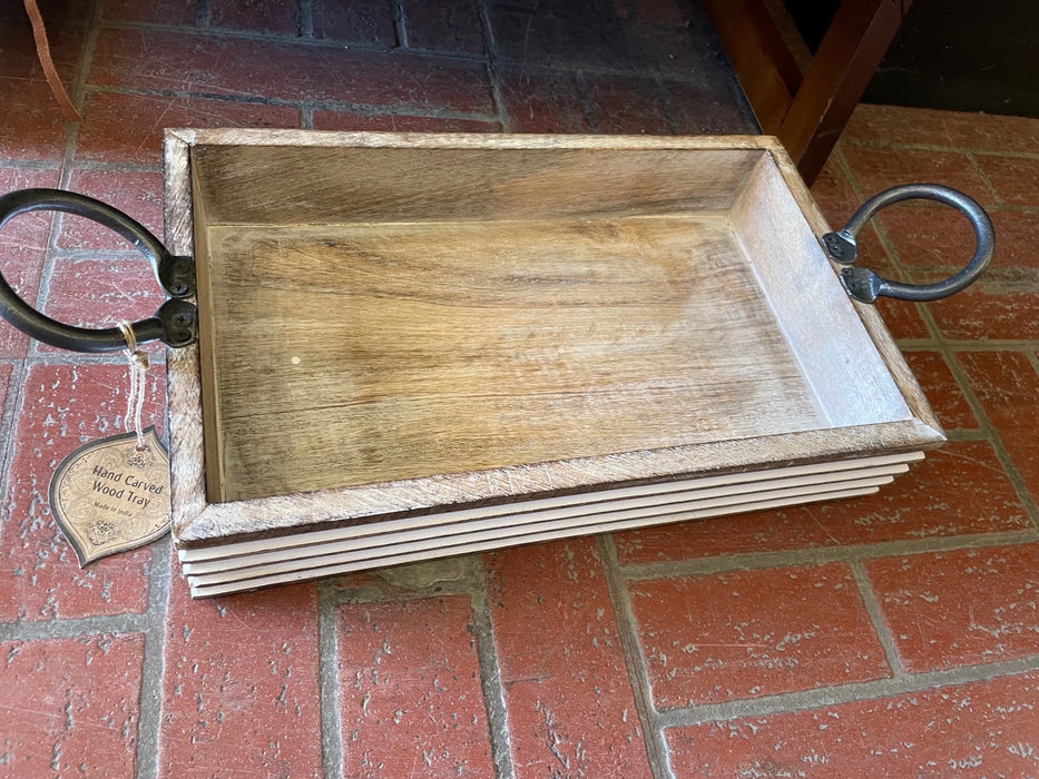Handcarved rustic wood serving/display tray w/ metal handles medium 29763