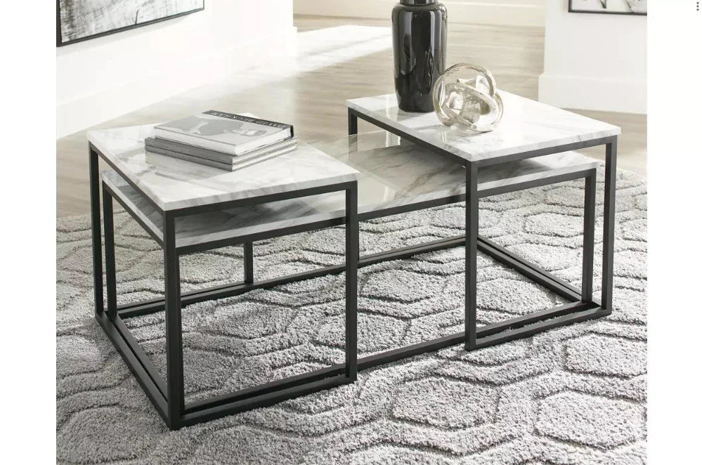 Donnesta Coffee Table 2 End Tables Faux Carrera White Marble/Black Metal (Set of 3) AY-T182-13