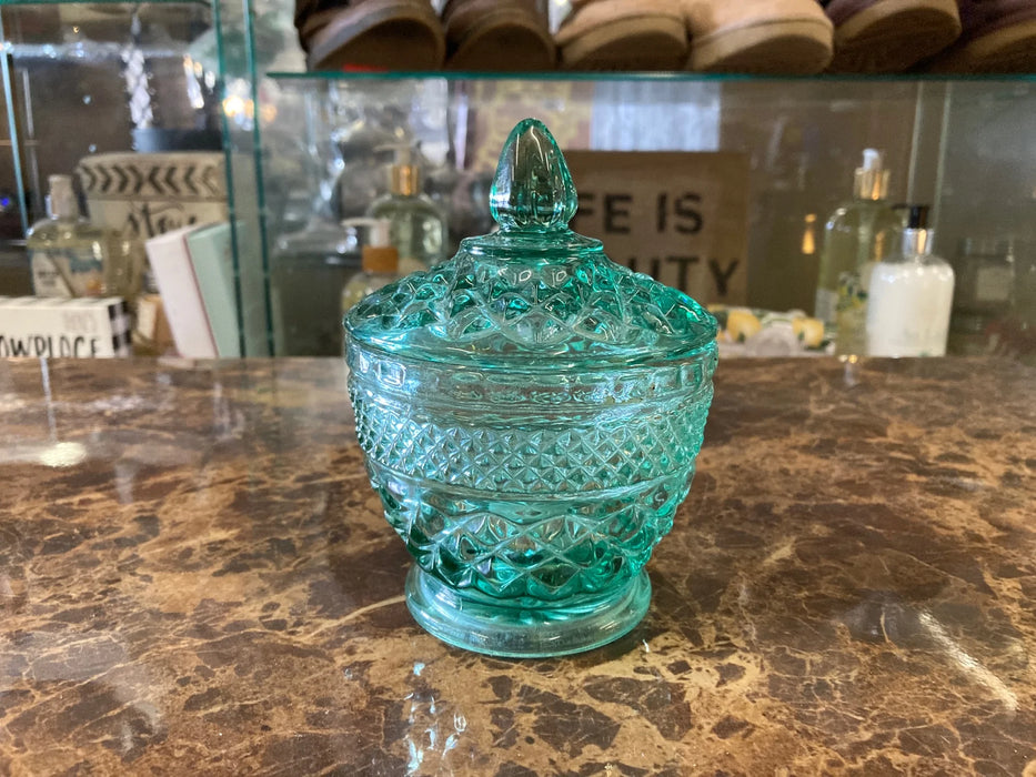 Saga green depression glass bowl with lid 30063