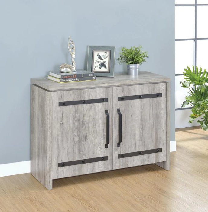 Accent cabinet in grey/gray driftwood finish barn door NEW CO-950785