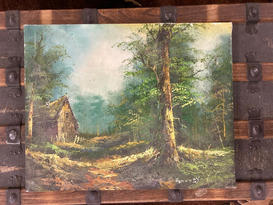 Hennesy oil painting barn forest 26699