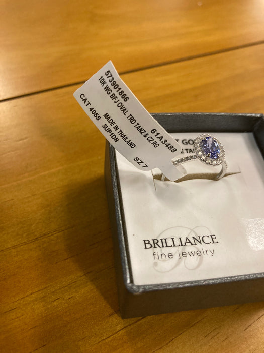 Brilliance Fine Jewelry 10K White Gold Oval Treated Tanzanite & Cubic Zirconia Gemstone Ring NEW 26497