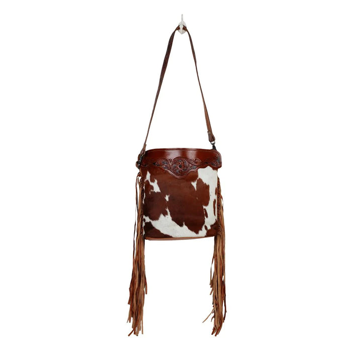 Cowboy Hand-Tooled Cowhide & Leather Shoulder Purse w/ Fringe Hand Crafted Myra Bag NEW MY-S-2614