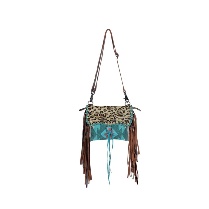 Drizzle Canvas, Rug & Leather Leopard Print w/ Bull Head, Fringe Small & Crossbody Purse Hand Crafted Myra Bag NEW MY-S-3328